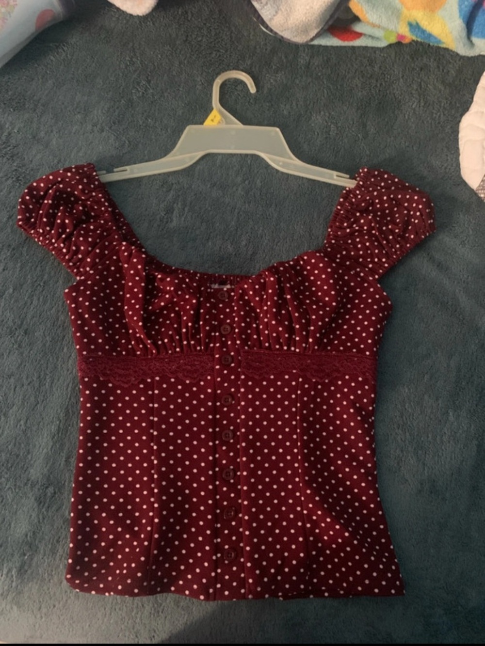 GAP Burgundy Polka Dot Puff-Sleeve Square Neck Top